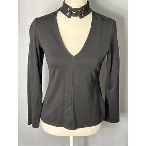 Bebe Shirt Black Long Sleeve Cut Out w/Choker Collar Made in USA Size Medium